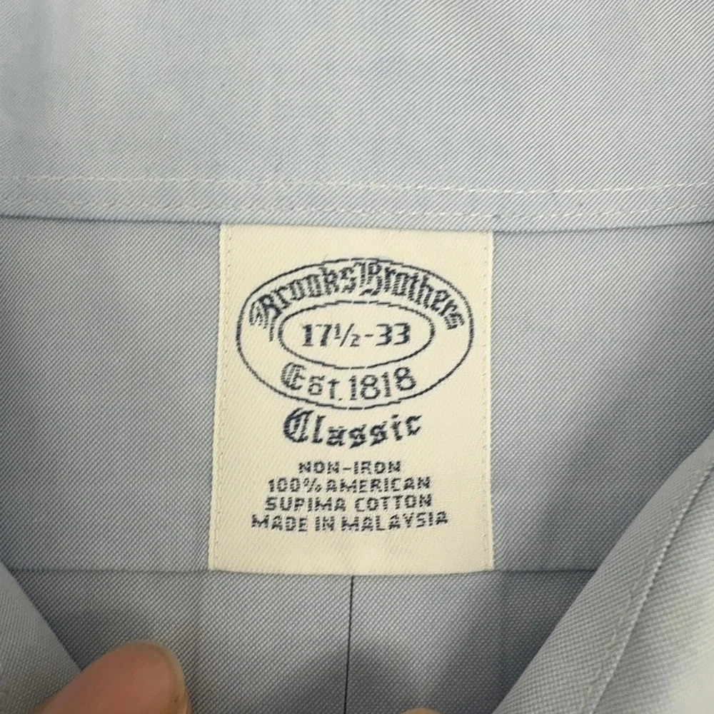 Brooks Brothers Shirt Mens 17.5-33 Blue Supima Cotton Non-Iron Classic Business